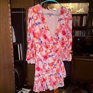 Betsey Johnson Pink and Orange Wrap Mini Dress with Bell Sleeves NWOT